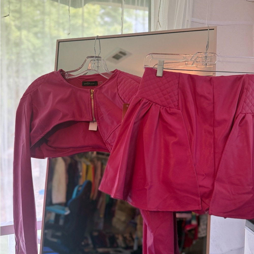 Pink Cropped Jacket and Skirt Set